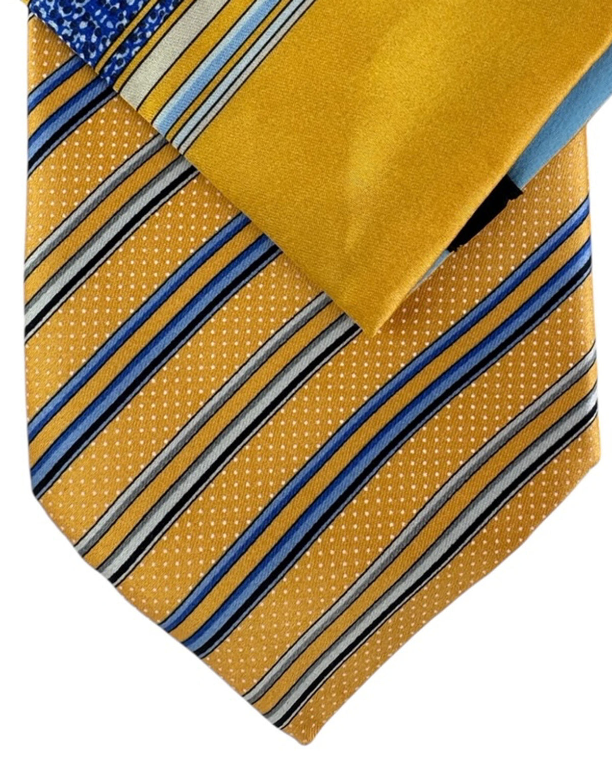 Zilli Silk Tie & Matching Pocket Square Set Mustard With Blue And Silver Stripe