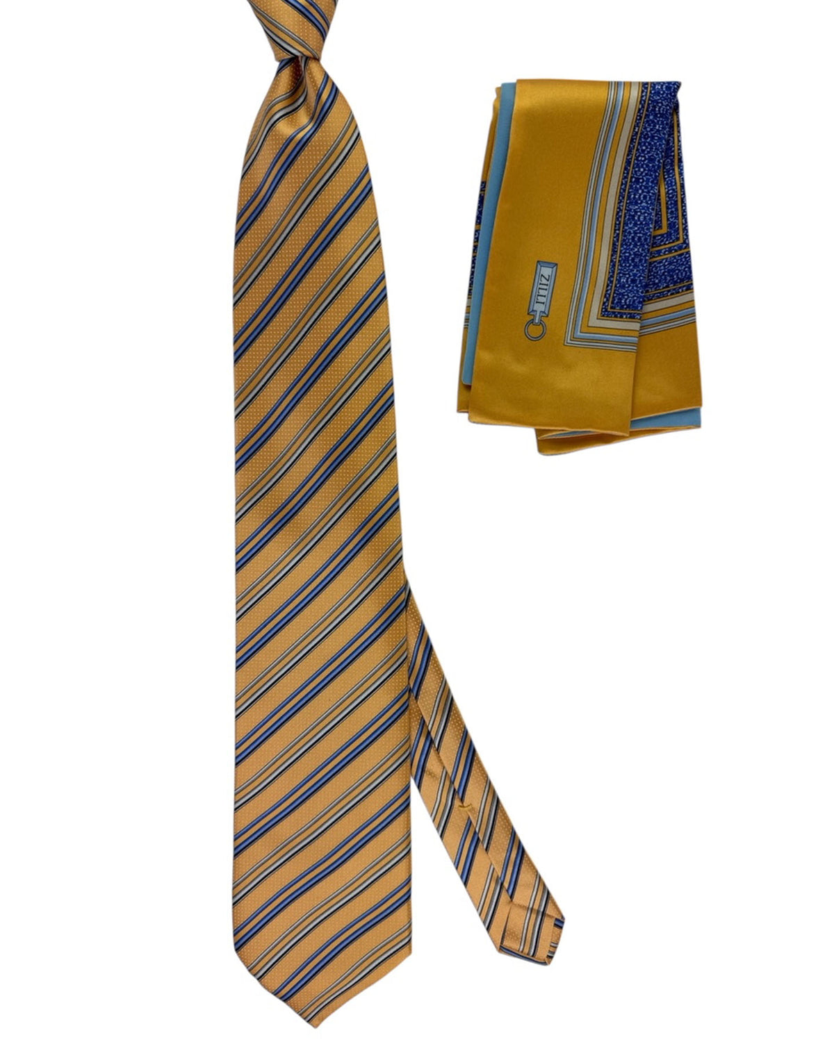 Zilli Silk Tie & Matching Pocket Square Set Mustard With Blue And Silver Stripe