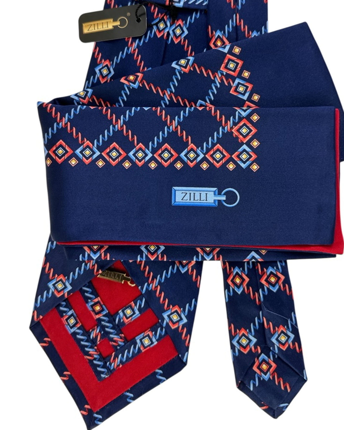 Zilli Silk Tie & Matching Pocket Square Set Navy With Red And Blue Geometric