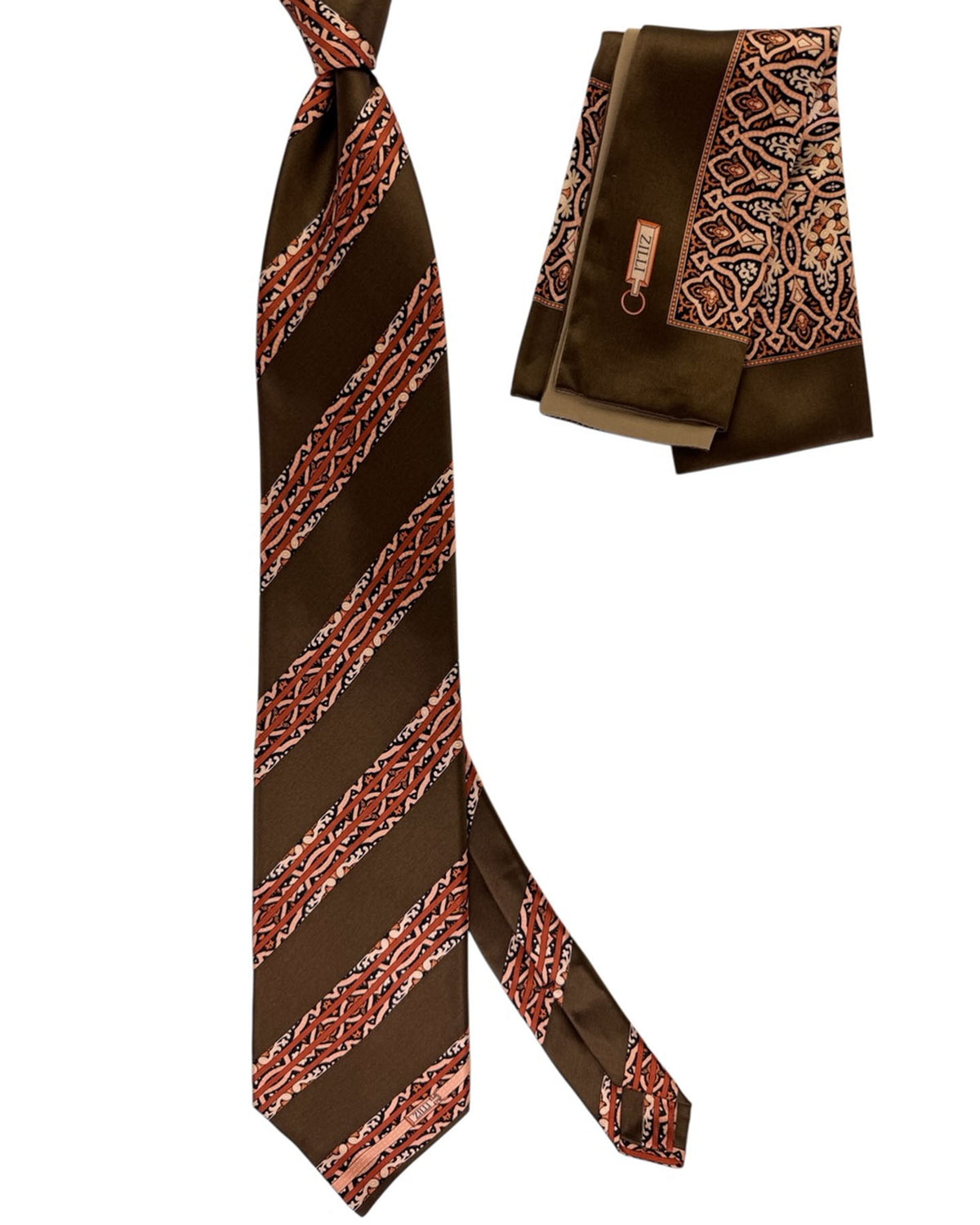 Zilli Silk Tie & Matching Pocket Square Set Brown Orange Peach Special Order