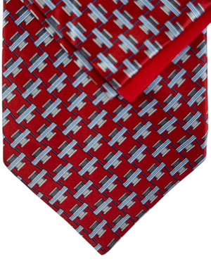 Zilli Silk Tie & Matching Pocket Square Set Red Blue Grey Interlock