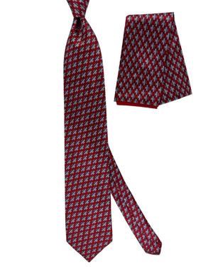 Zilli Silk Tie & Matching Pocket Square Set Red Blue Grey Interlock