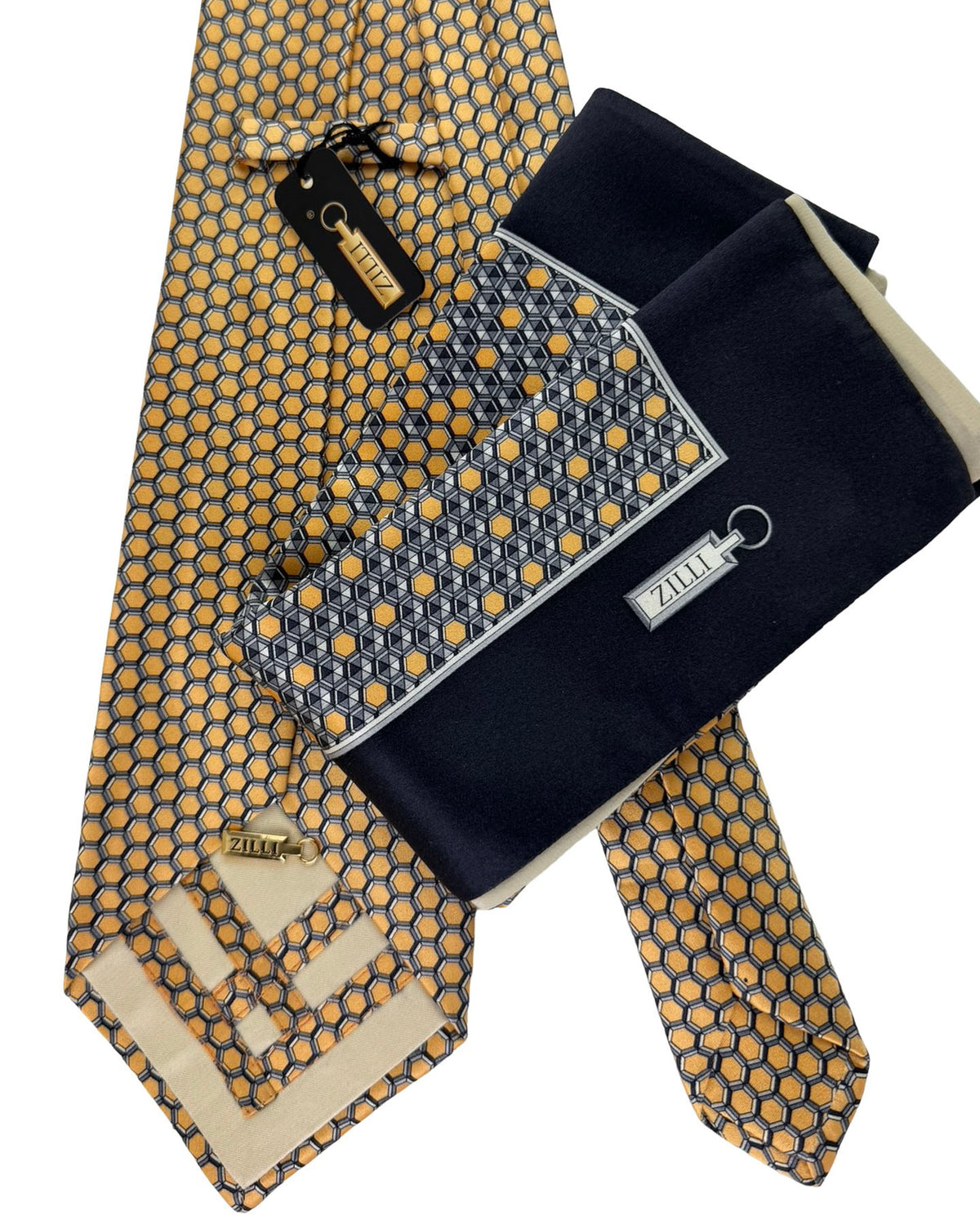 Zilli Tie & Matching Pocket Square Set Gold Black Hexagon Pattern