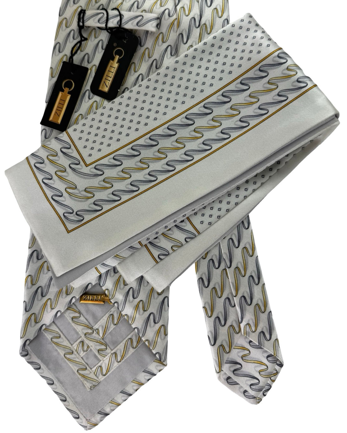 Zilli Tie & Matching Pocket Square Set Light Grey Abstract Wave