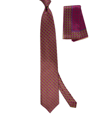 Zilli Tie & Matching Pocket Square Set Purple Gold Interlocking Ring Pattern SALE