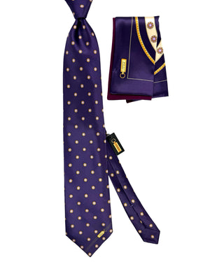 Zilli Silk Tie & Matching Pocket Square Set Aubergine Purple Gold Design
