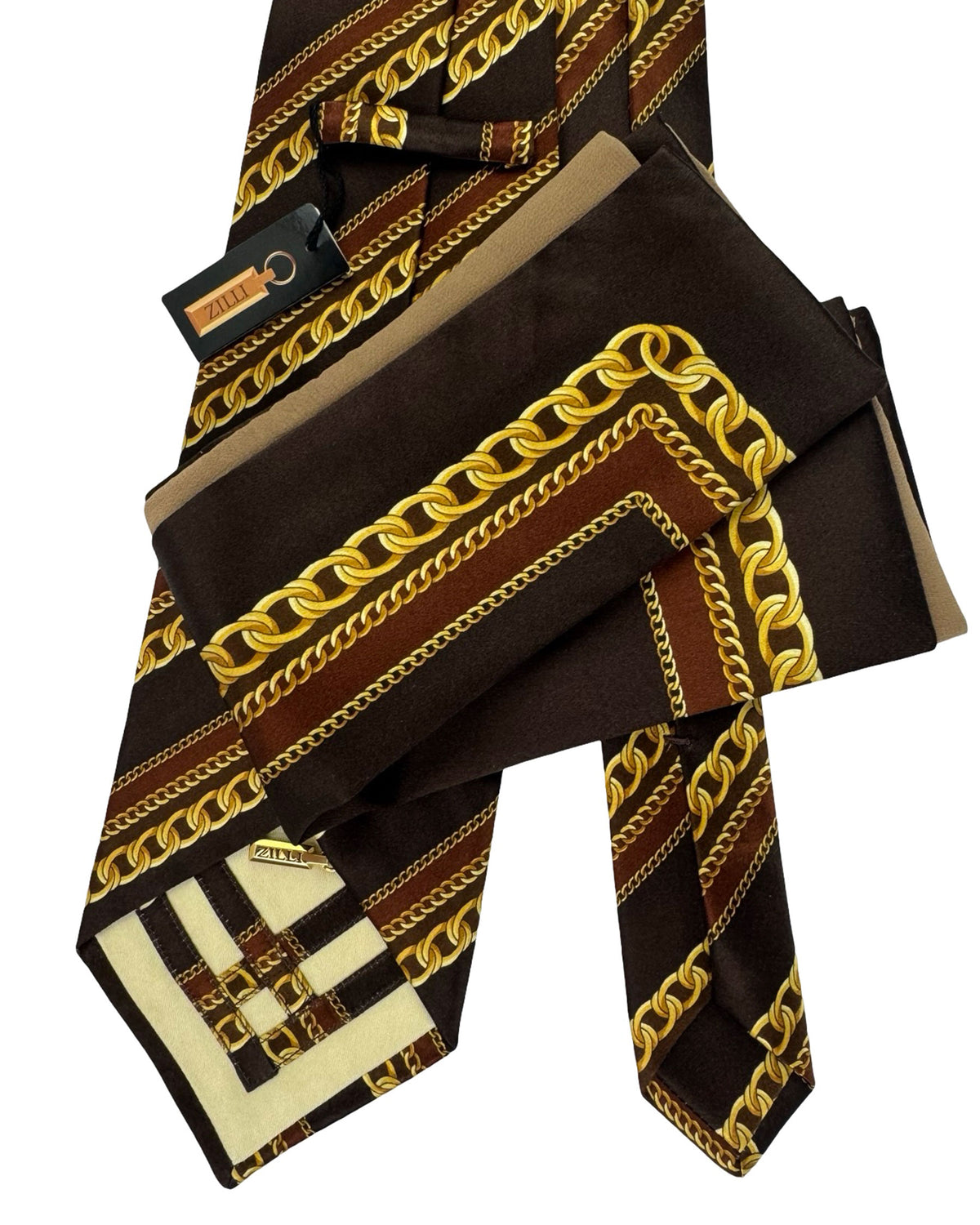 Zilli Silk Tie & Matching Pocket Square Set Brown Gold SPECIAL ORDER