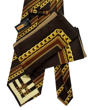 Zilli Silk Tie & Matching Pocket Square Set Brown Gold SPECIAL ORDER