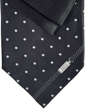 Zilli Silk Tie & Matching Pocket Square Set Black Gray Dots