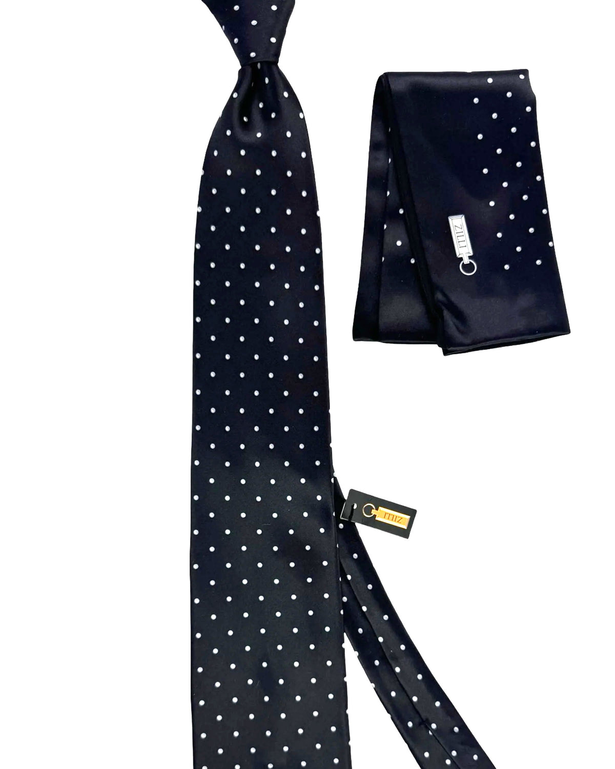 Zilli Silk Tie & Matching Pocket Square Set Black Gray Dots