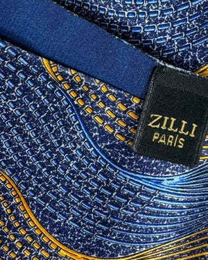 Zilli Silk Pocket Square Midnight Blue Orange Gold Swirly SALE