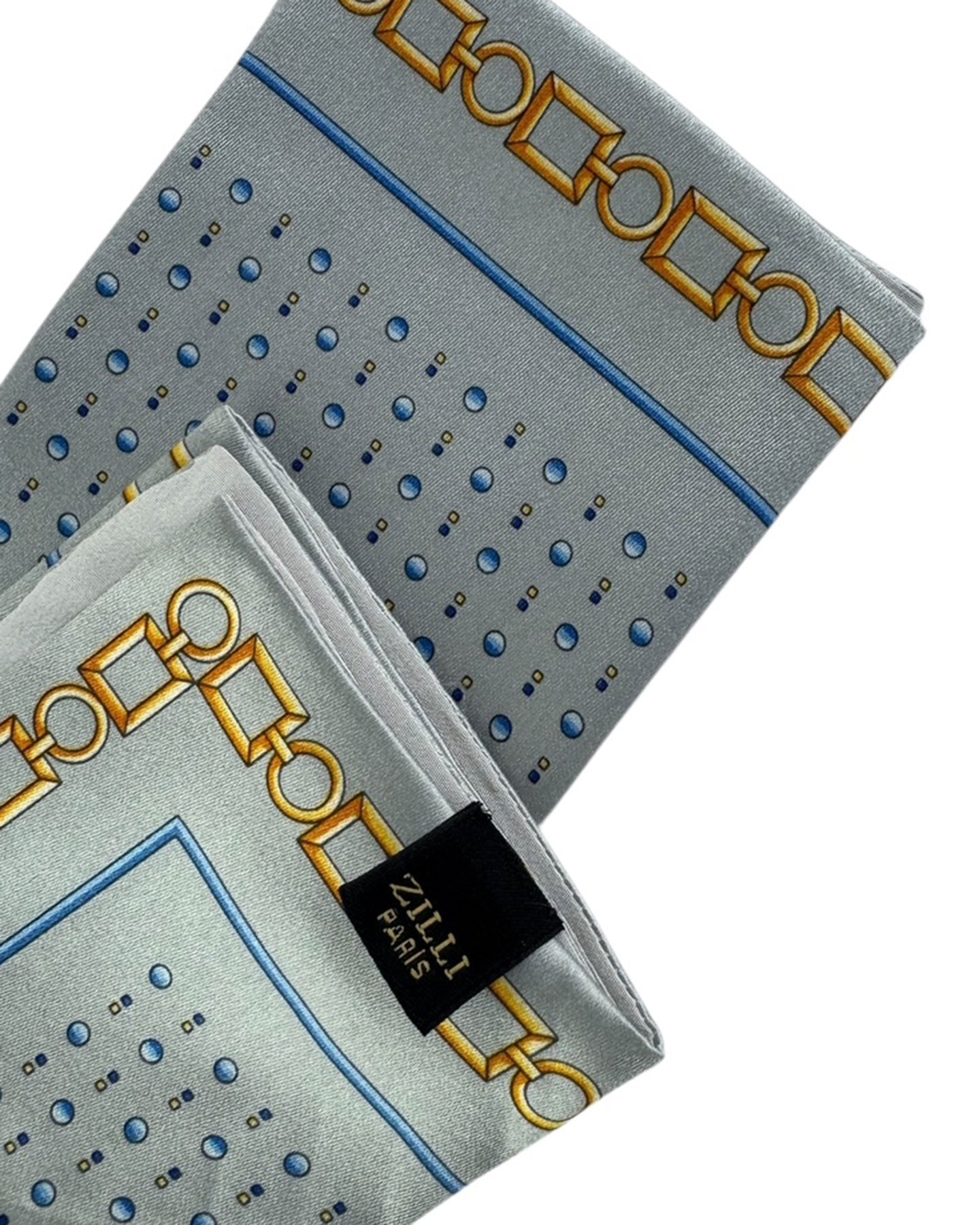 Zilli Silk Pocket Square Gray Blue Gold Chain & Dots SALE