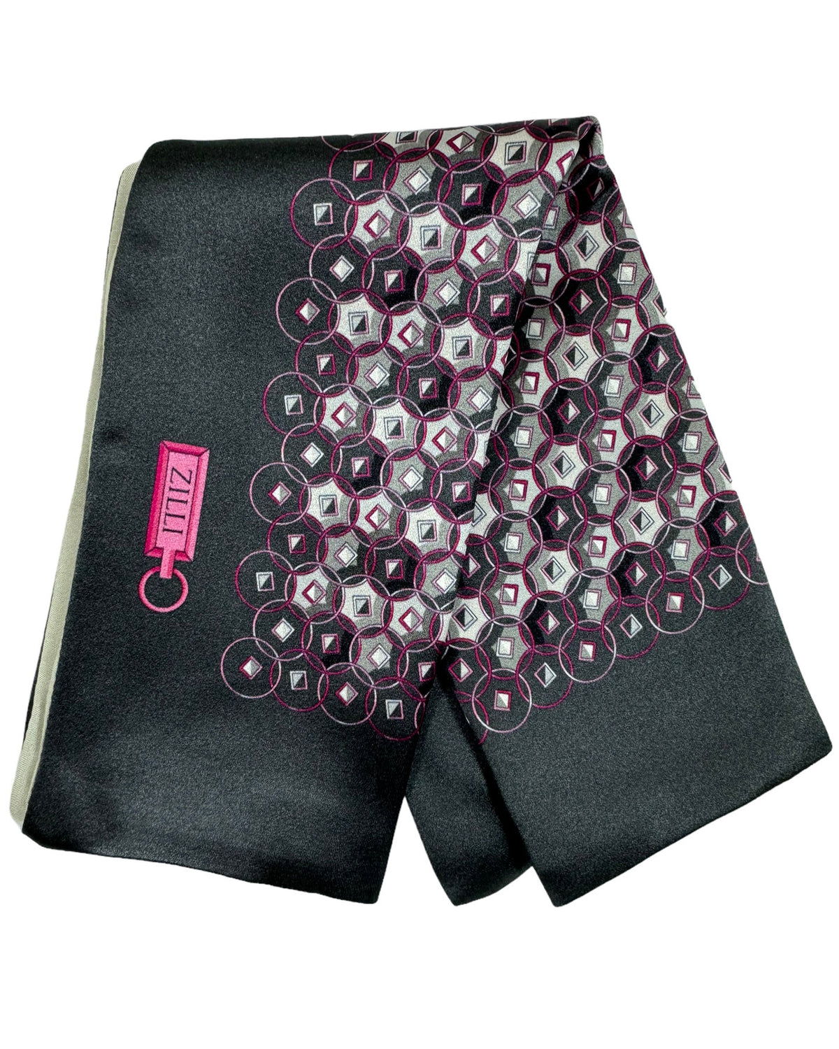 Zilli Silk Pocket Square Black Pink Geometric Design