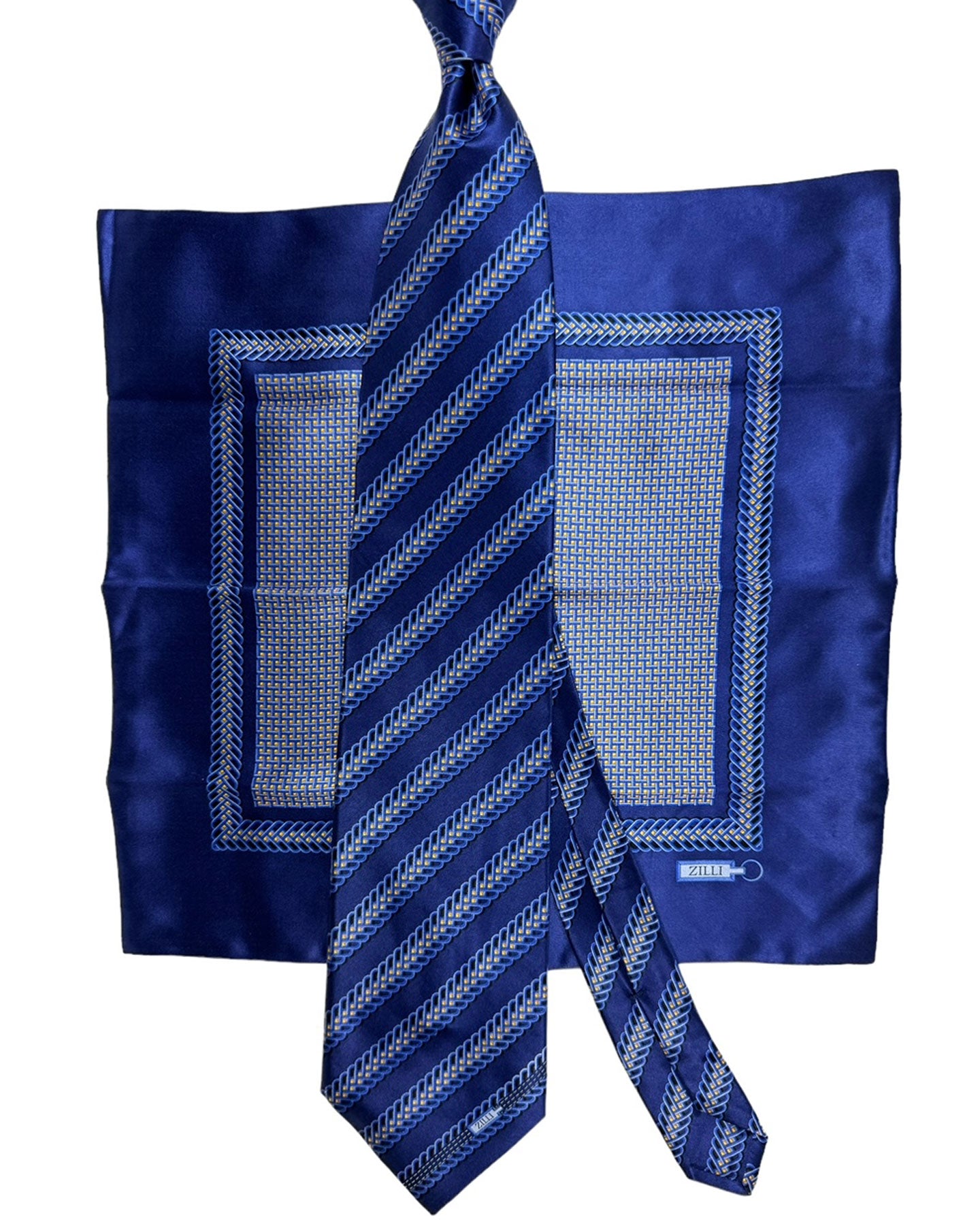 Zilli Tie & Matching Pocket Square Set Navy Gold Stripes Design