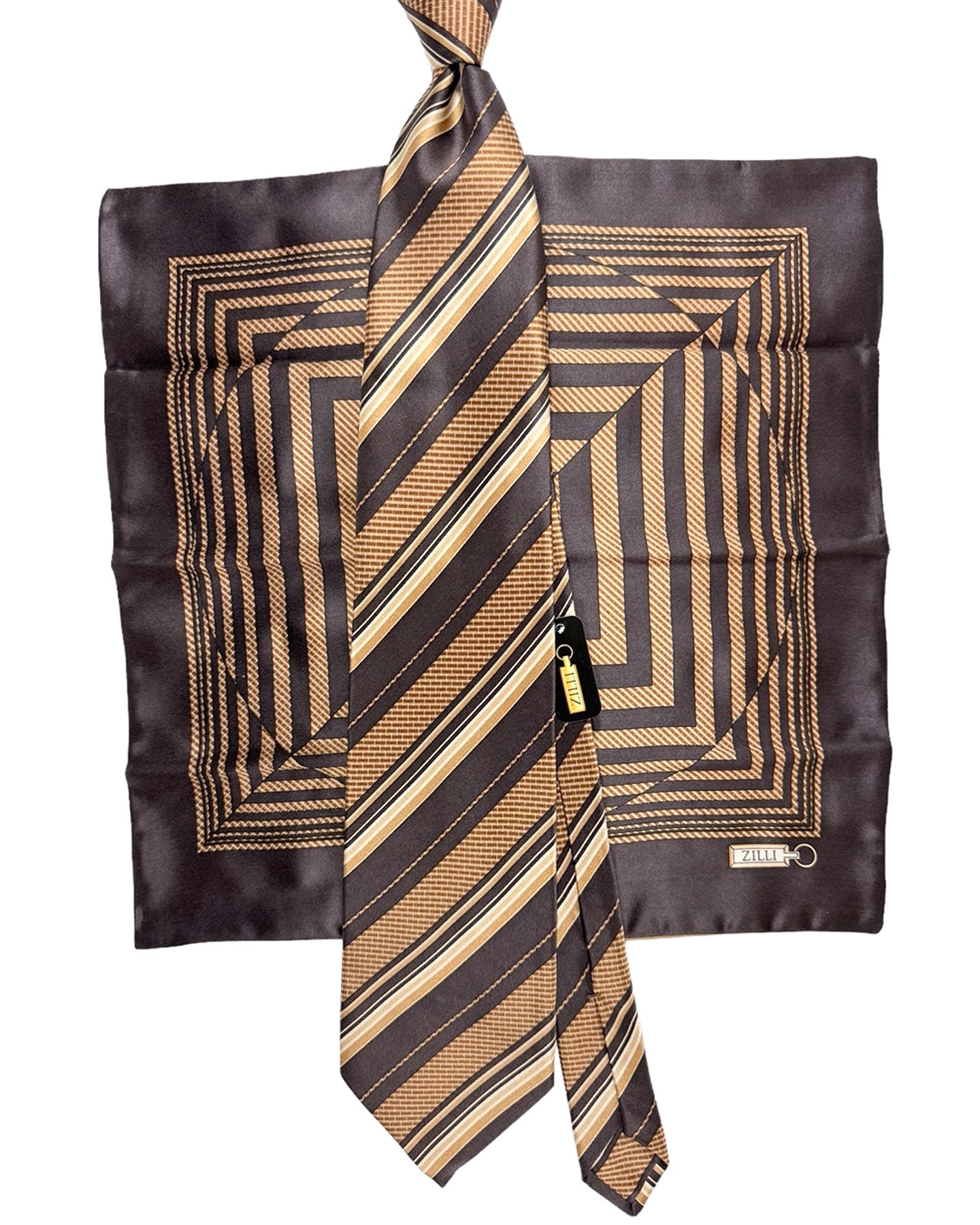 Zilli Tie & Matching Pocket Square Set Brown Stripes Design