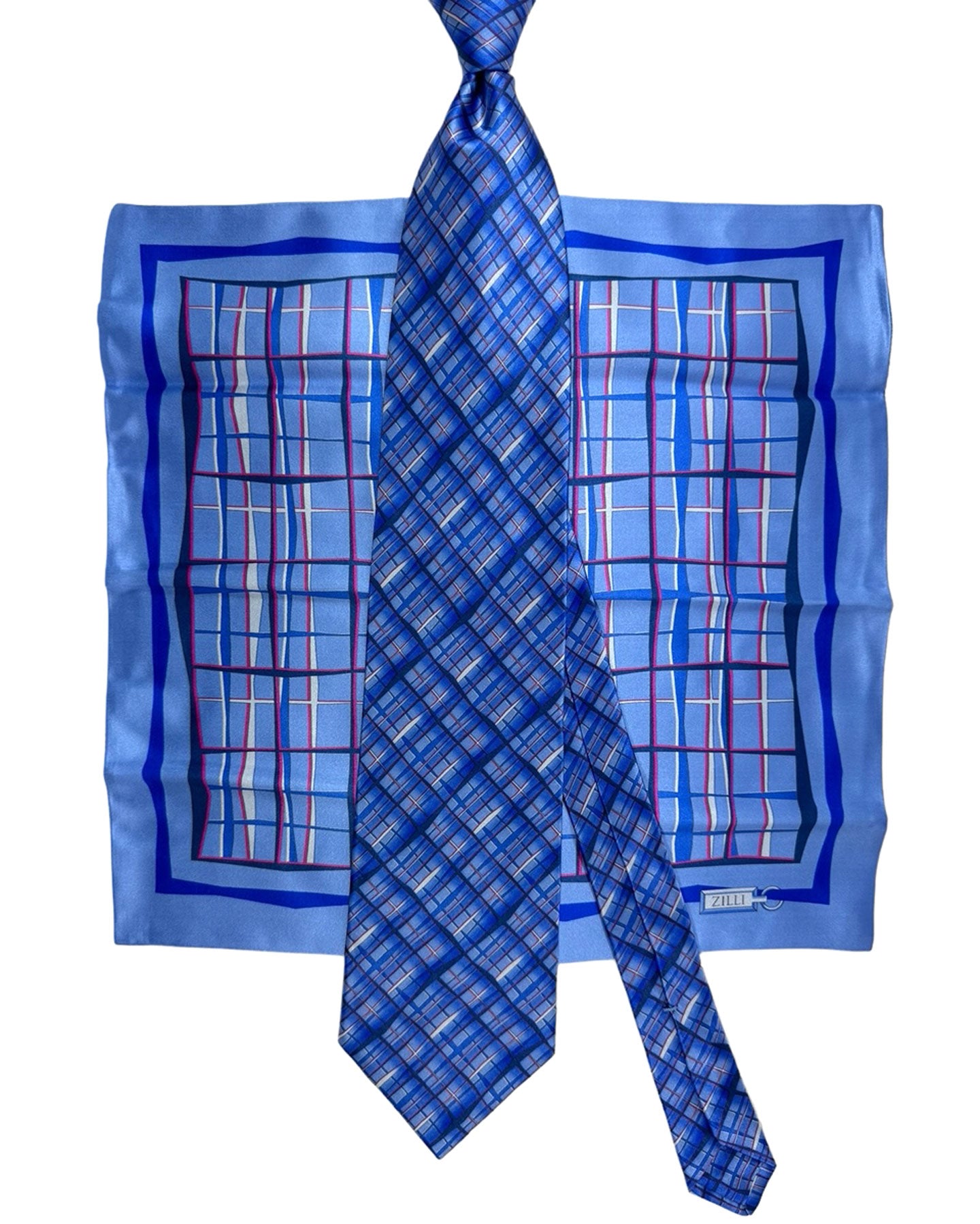 Zilli Tie & Matching Pocket Square Set Royal Blue Magenta Check Design