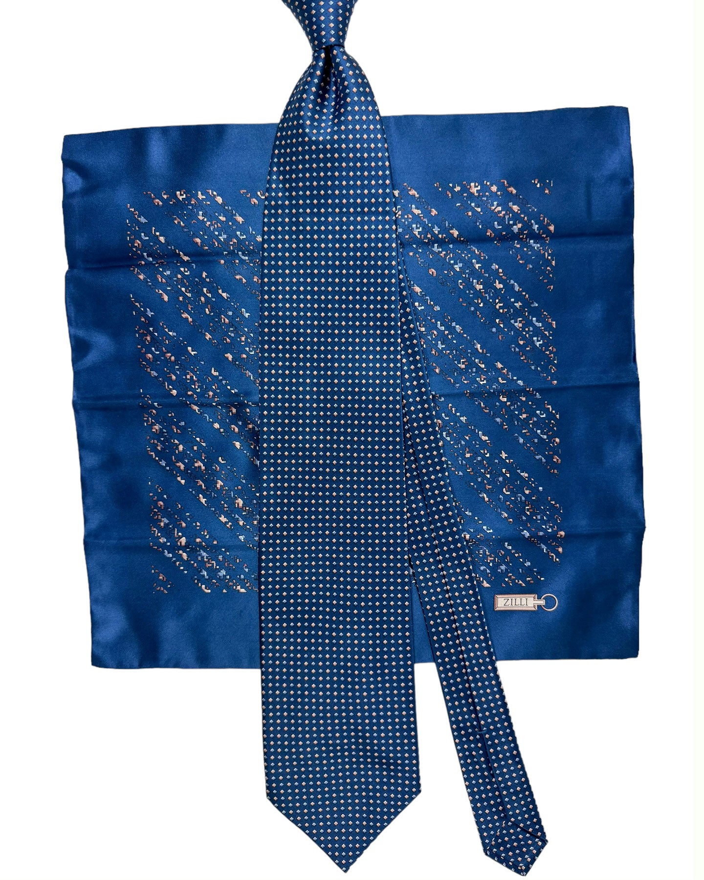 Zilli Tie & Matching Pocket Square Set Midnight Blue Mini Squares