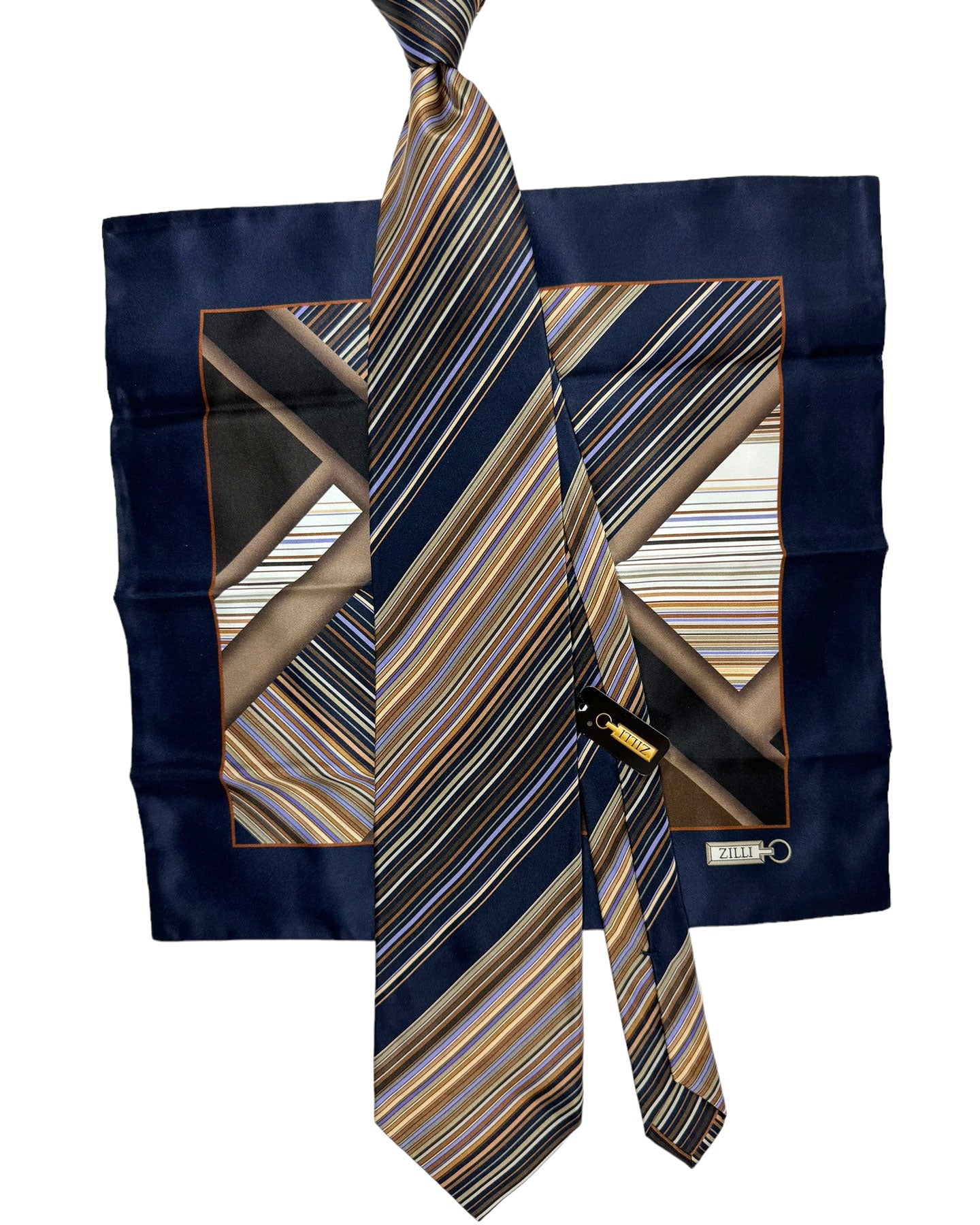 Zilli Tie & Matching Pocket Square Set Brown Lilac Stripes