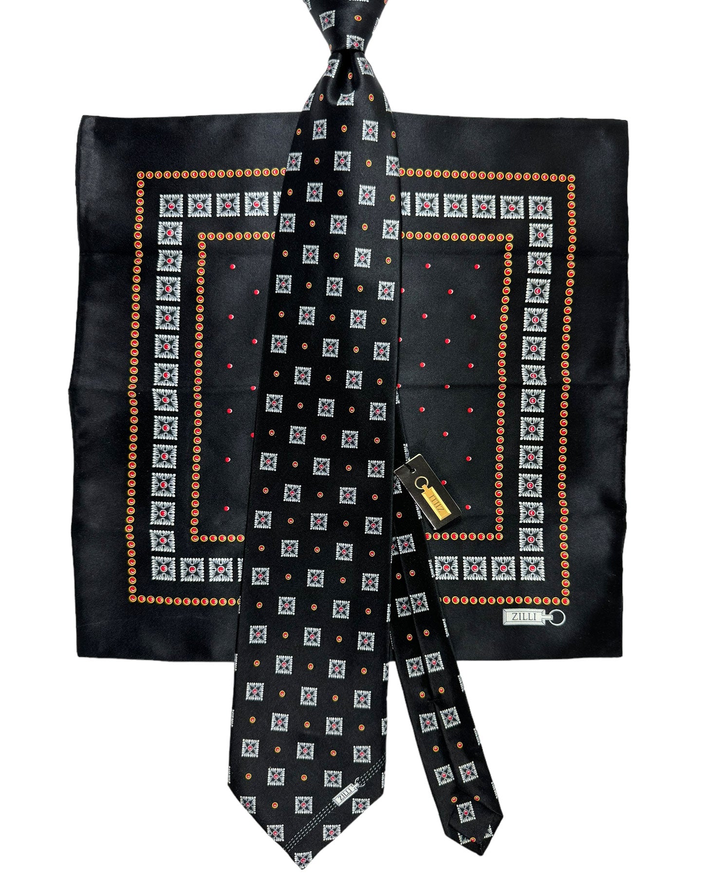 Zilli Tie & Matching Pocket Square Set Black Red Silver Medallions