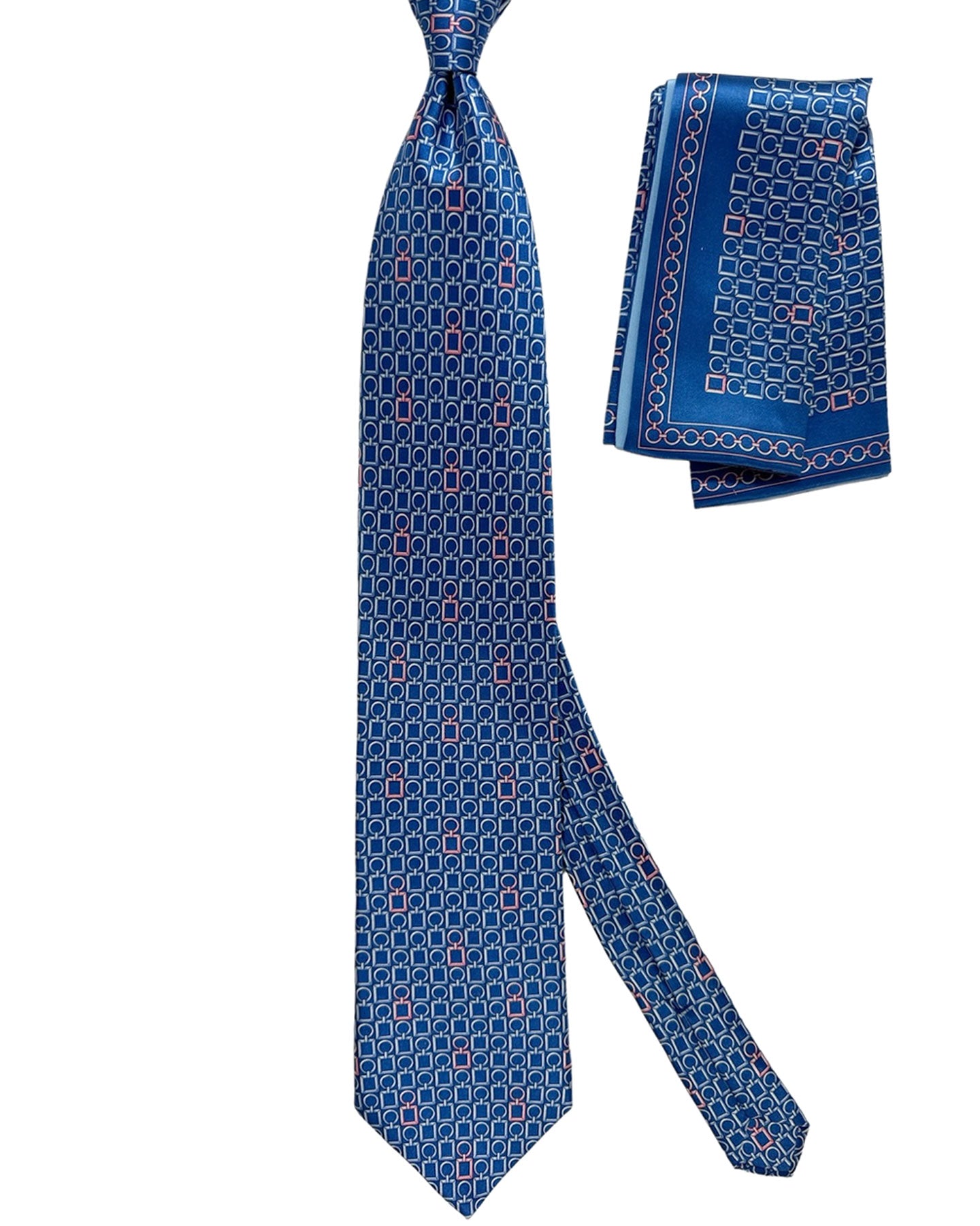 Zilli Tie & Matching Pocket Square Set Dark Blue Pink Logo Tag