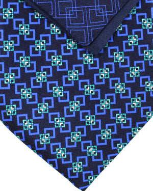 Zilli Tie & Matching Pocket Square Set Navy Blue Green Geometric Design