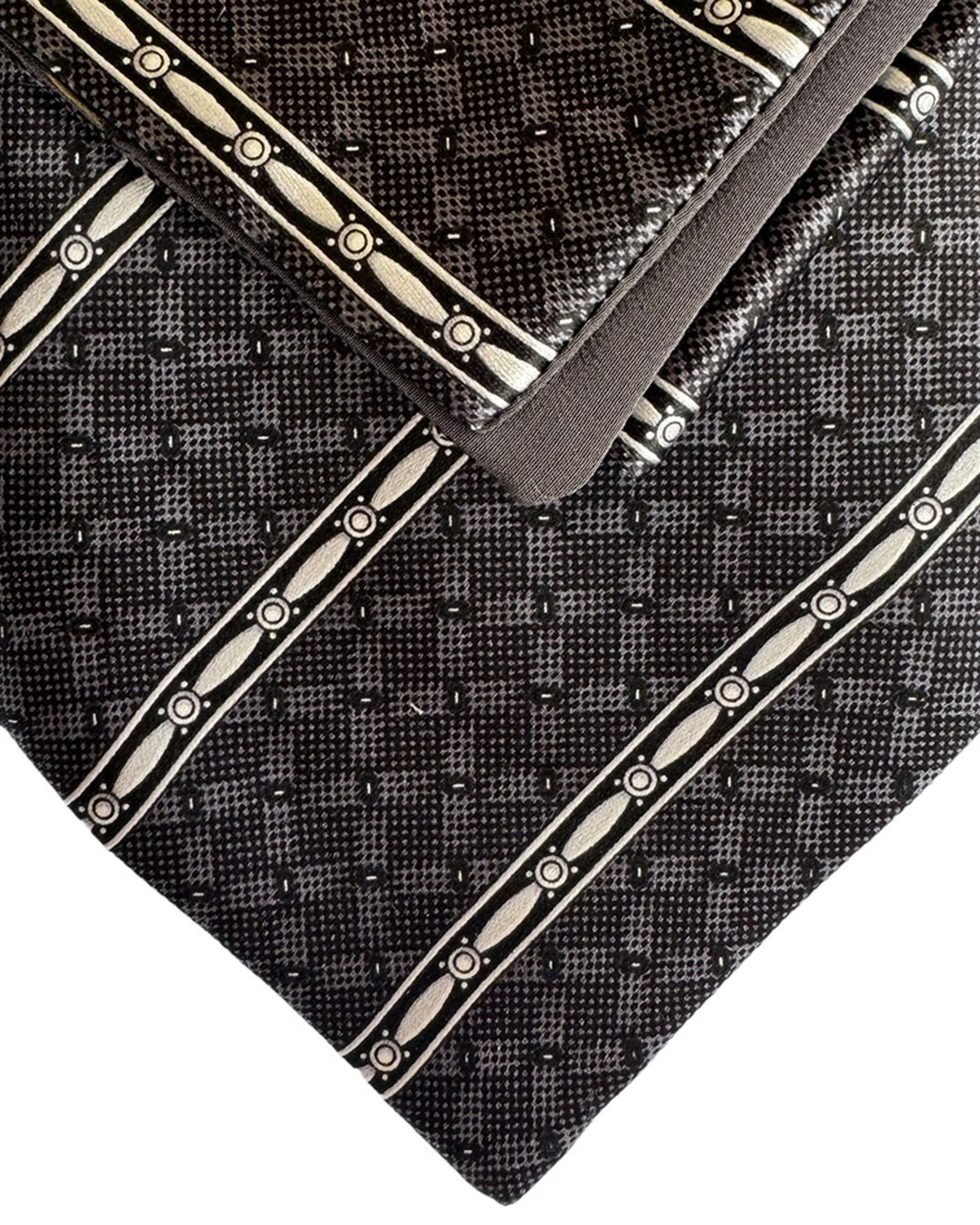 Zilli Tie & Pocket Square Set Black Ivory Gingham Stripes Design