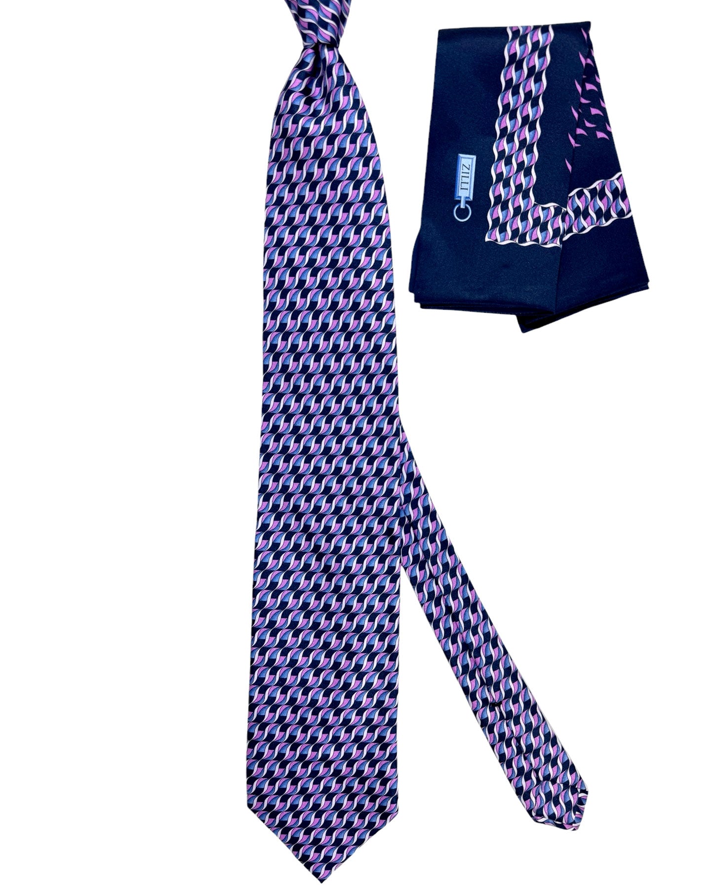 Zilli Tie & Matching Pocket Square Set Dark Blue Purple Swirl