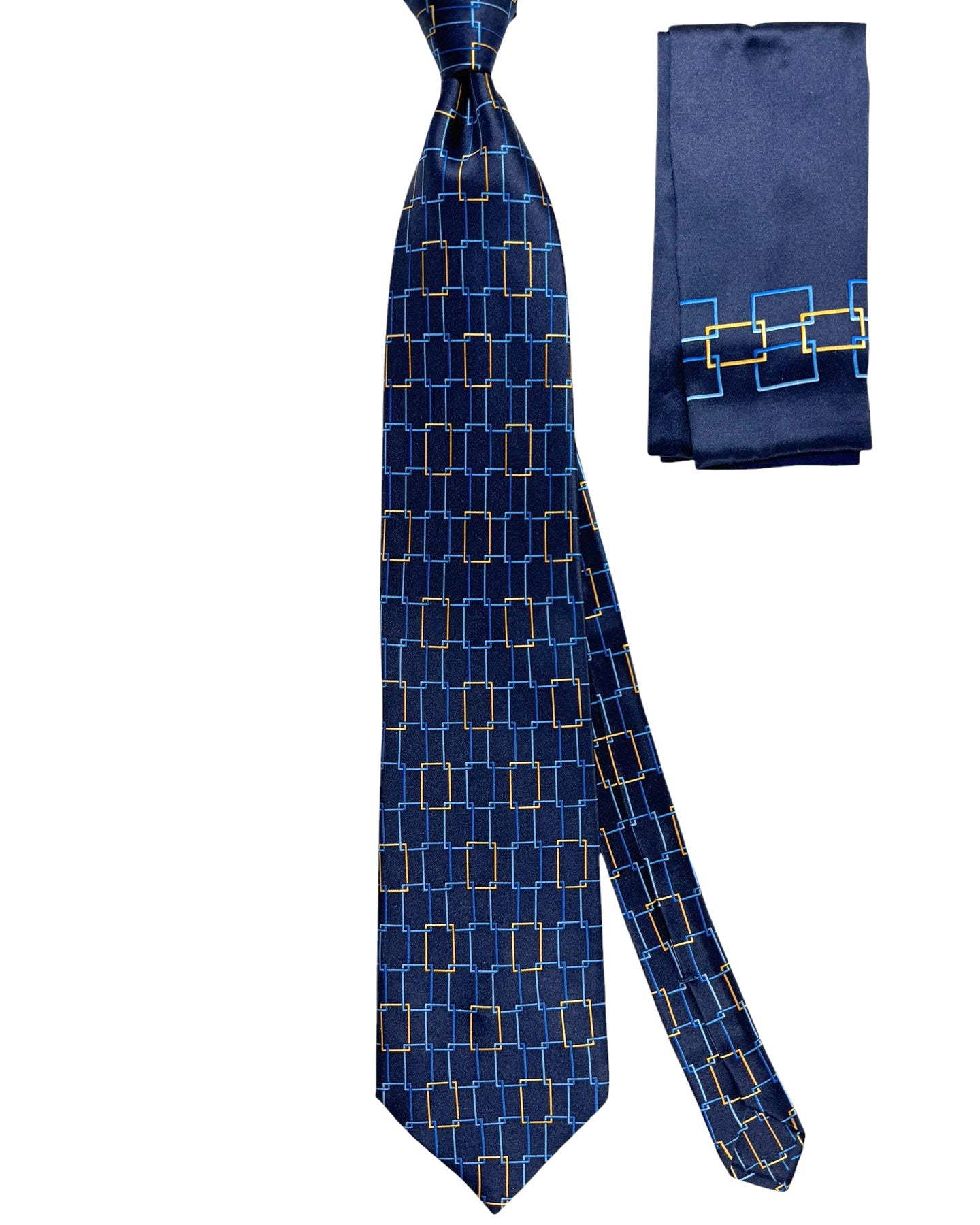 Zilli Extra Long Tie & Matching Pocket Square Set Navy Royal Blue Orange Gold Geometric