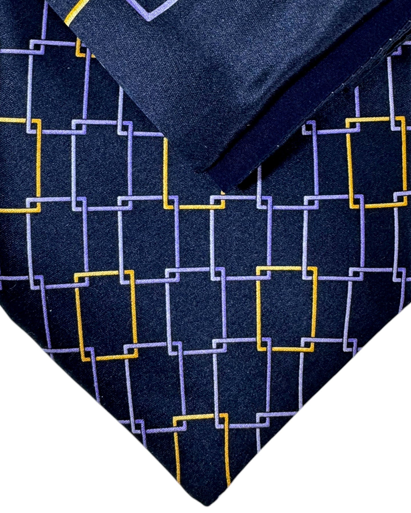 Zilli Extra Long Tie & Matching Pocket Square Set Black Purple Orange Gold Geometric