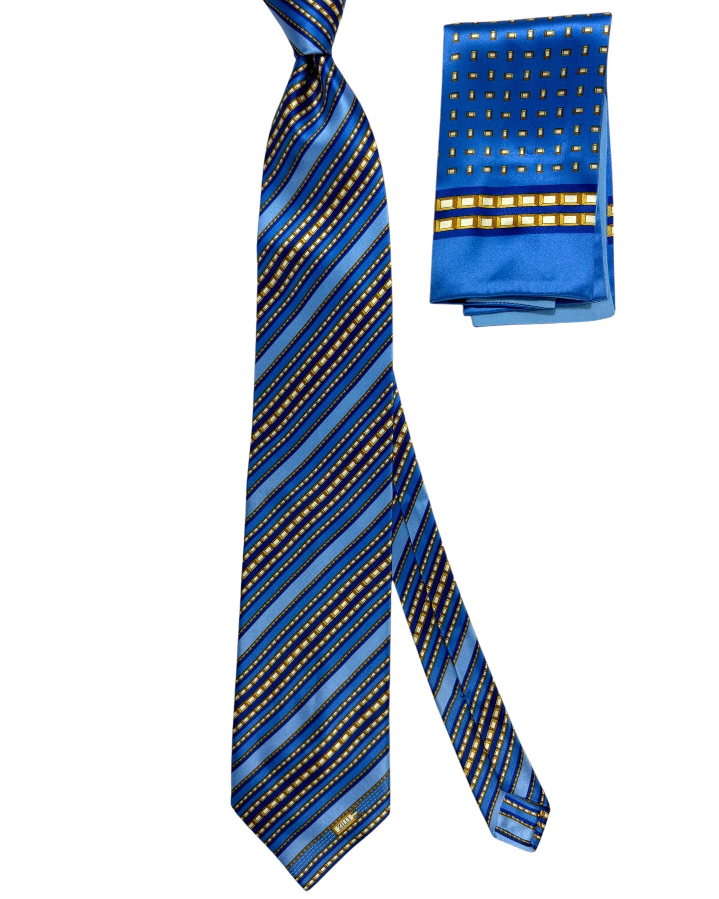 Zilli Extra Long Tie & Matching Pocket Square Set Blue Olive Gold Stripes