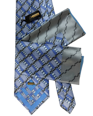 Zilli Extra Long Tie & Matching Pocket Square Set Gray Periwinkle Blue