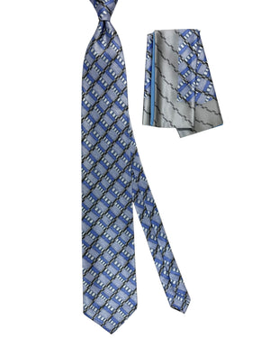 Zilli Extra Long Tie & Matching Pocket Square Set Gray Periwinkle Blue