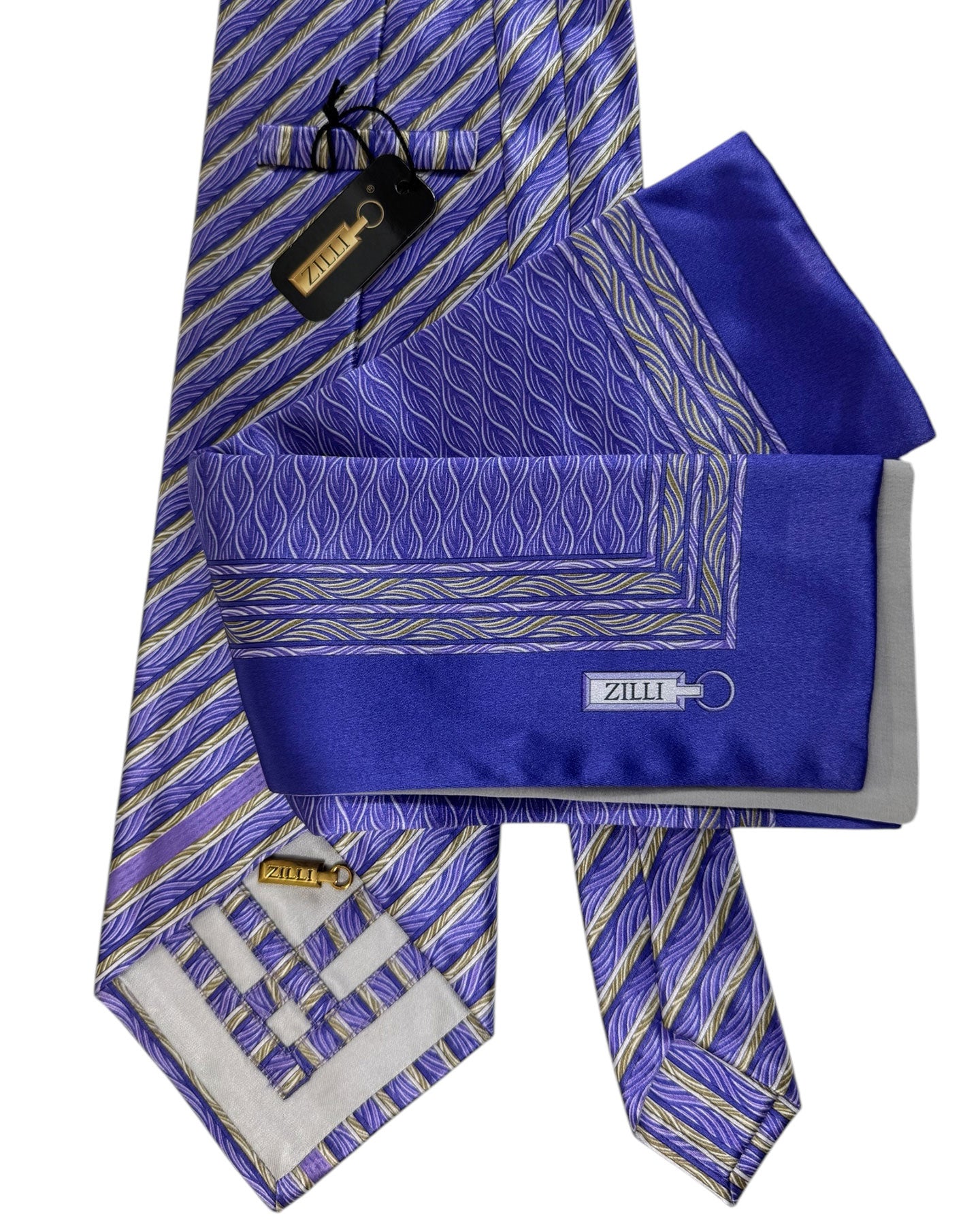 Zilli Extra Long Tie & Matching Pocket Square Set Lilac Striped Design