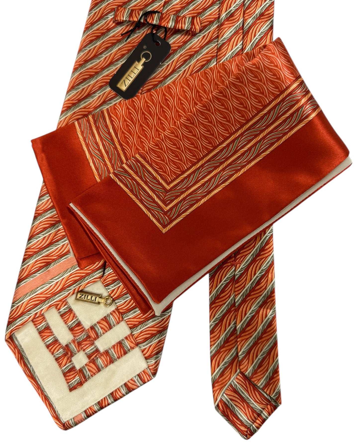 Zilli Extra Long Tie & Matching Pocket Square Set Orange Striped Design