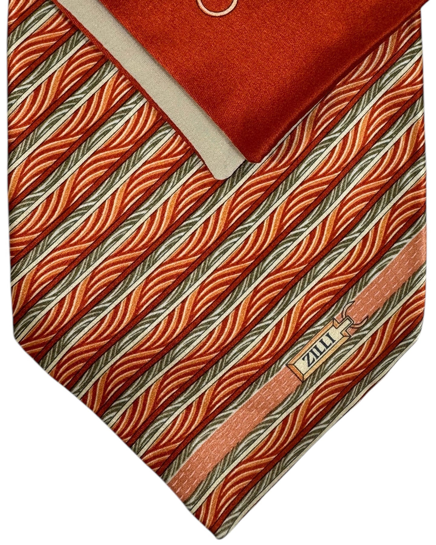 Zilli Extra Long Tie & Matching Pocket Square Set Orange Striped Design