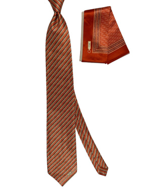 Zilli Extra Long Tie & Matching Pocket Square Set Orange Striped Design