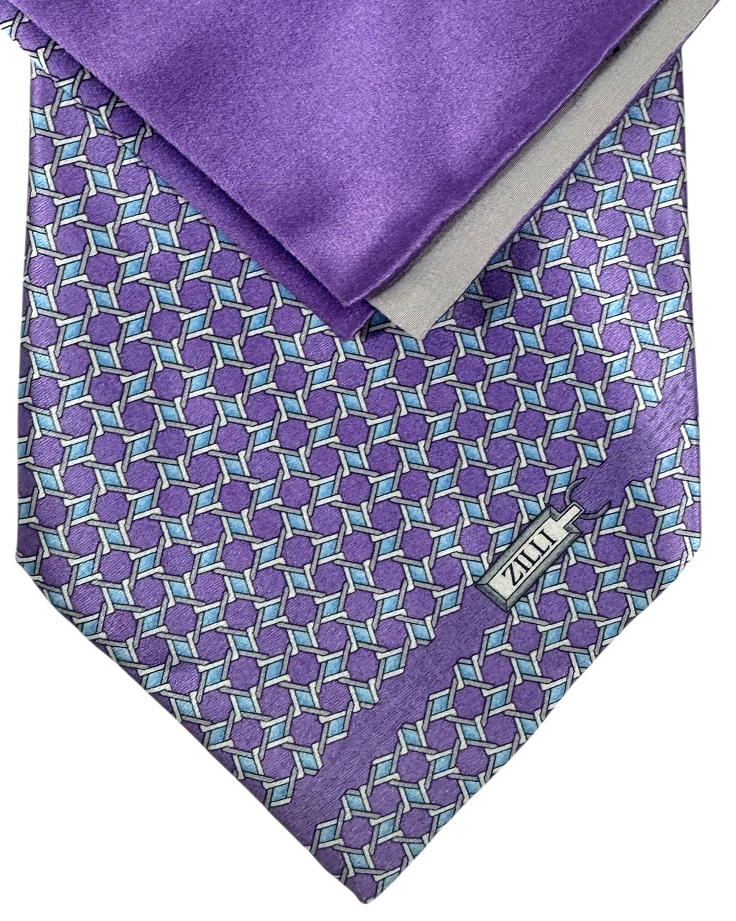 Zilli Extra Long Tie & Matching Pocket Square Set Lilac Geometric