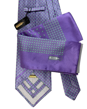 Zilli Extra Long Tie & Matching Pocket Square Set Lilac Geometric