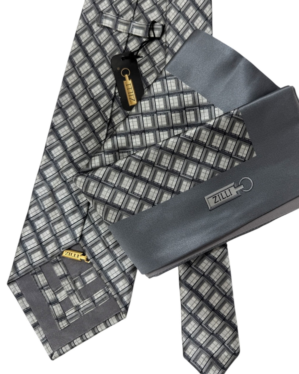 Zilli Silk Tie & Matching Pocket Square Set Gray Design