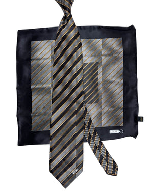 Zilli Tie & Matching Pocket Square Set Charcoal Gray Striped Design