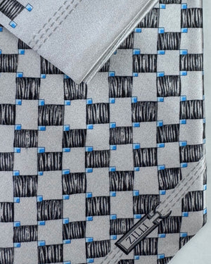 Zilli Extra Long Tie & Matching Pocket Square Set Grey And Black Checker Grid