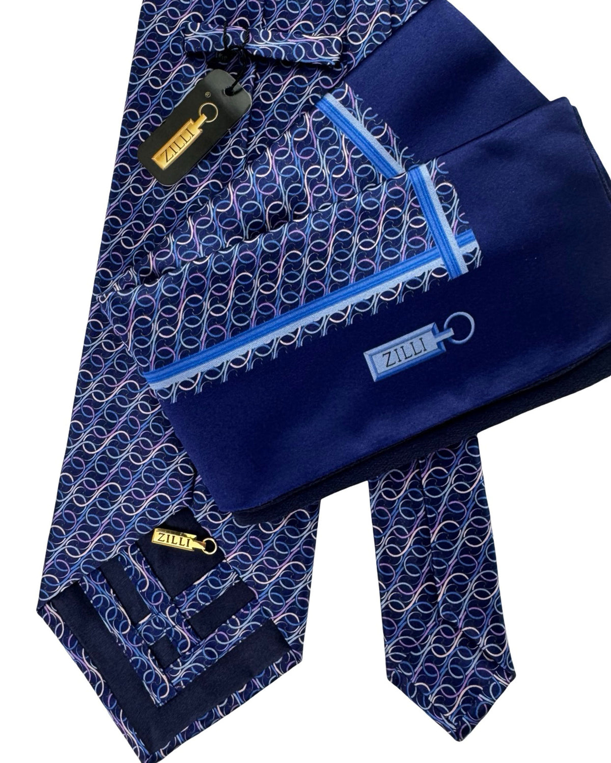 Zilli Silk Tie & Matching Pocket Square Set Midnight Blue Lilac Design - Printed Silk