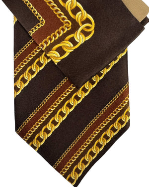 Zilli Silk Tie & Matching Pocket Square Set Brown Gold Chain Design