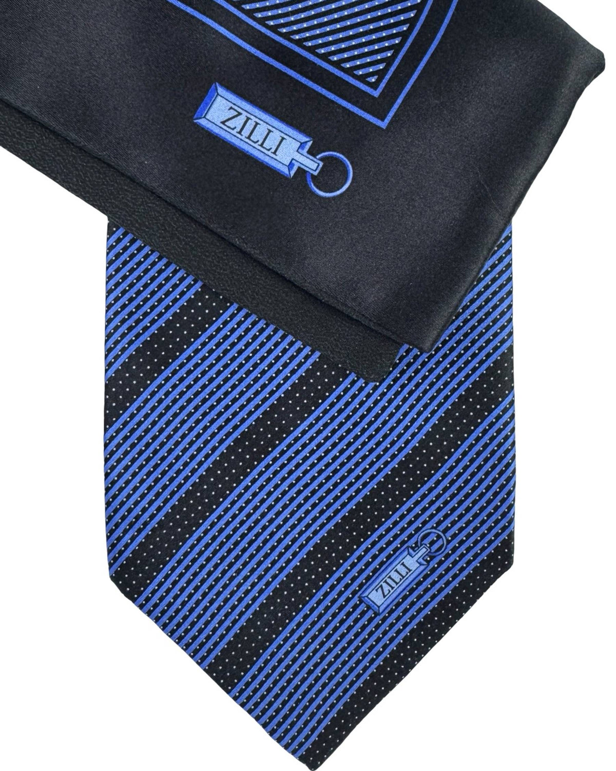 Zilli Silk Tie & Matching Pocket Square Set Midnight Blue Black Stripes