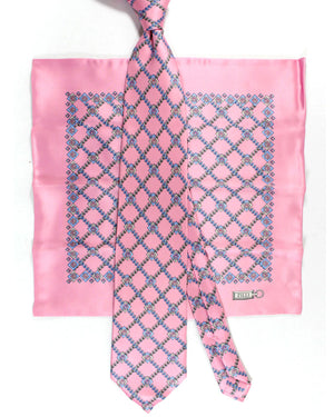 Zilli Tie & Matching Pocket Square Set Pink Gray Blue Geometric
