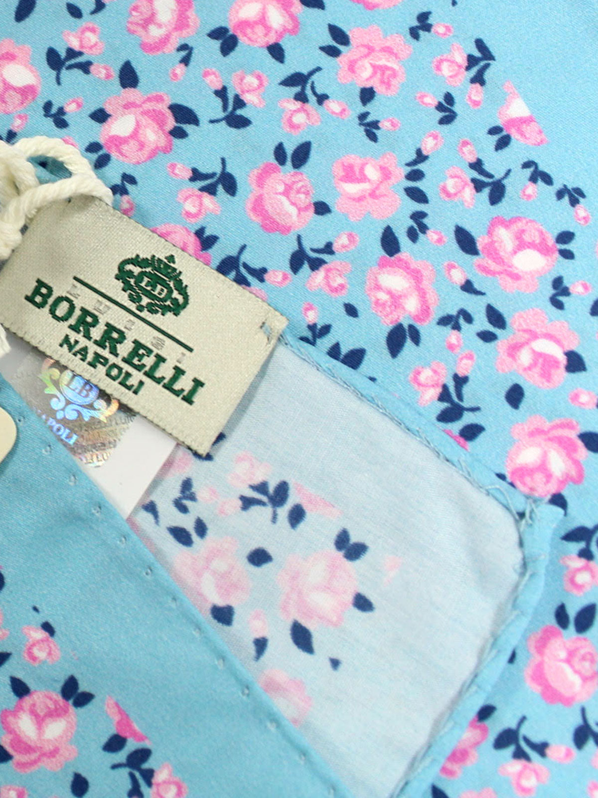Luigi Borrelli Cotton Pocket Square Blue Pink Floral