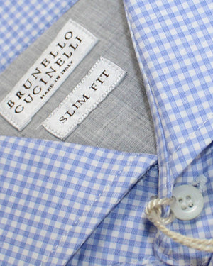 Brunello Cucinelli Dress Shirt White Blue Check 