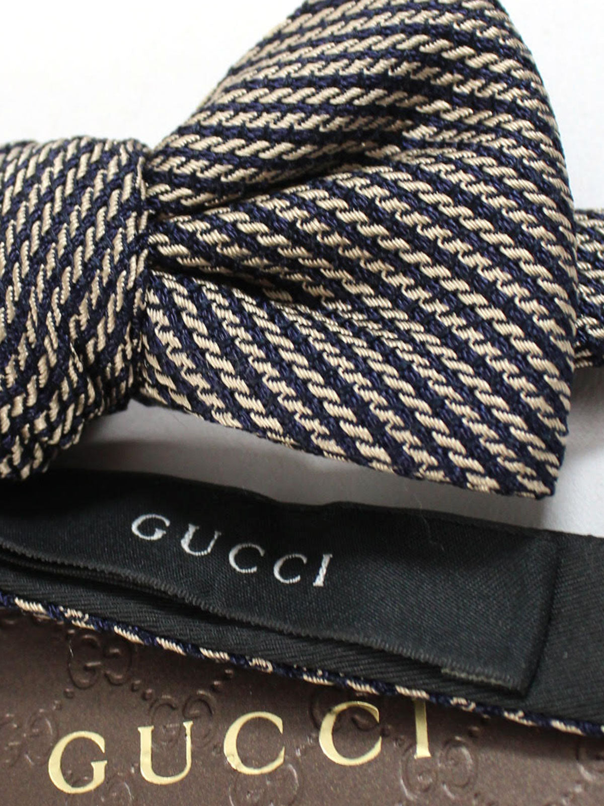 Gucci Bow Tie Taupe Navy Stripes Design - Self Tie Bow Tie