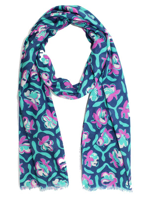 Kiton Scarf Navy Pink Turquoise Floral - Cotton Shawl