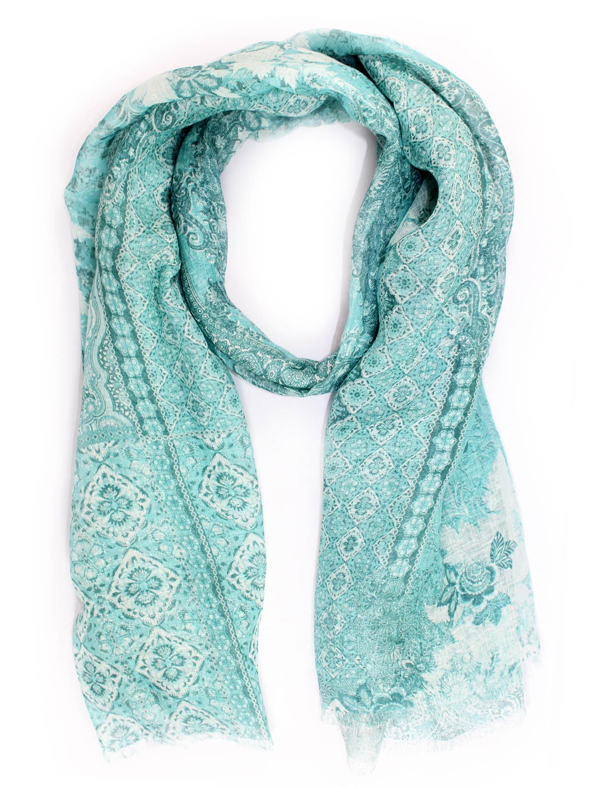 Kiton Scarf Aqua Turquoise Patch Design - Linen Silk Shawl